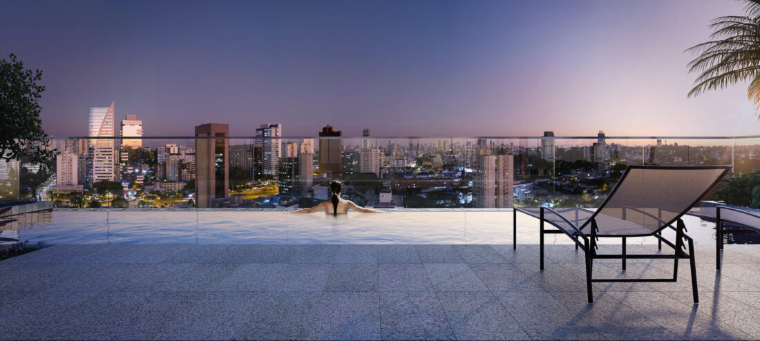 Piscina com infra para aquecimento no rooftop com borda infinita